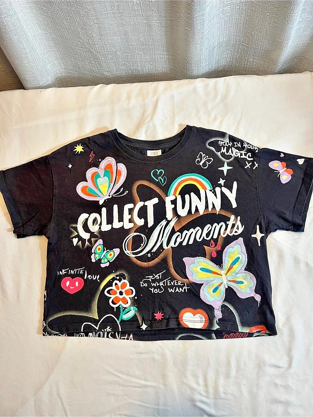 Zara Collect Funny Moments Graphic T-Shirt Black Short Sleeve Crop Top
